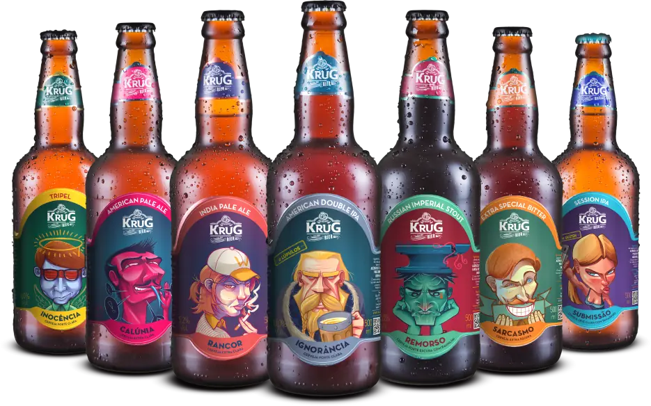 As sete cervejas da linha Expressionista lado a lado, com a Ignorância ao centro