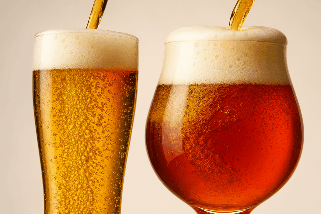 Dois copos sendo servidos lado a lado: um copo alto e estreito com cerveja clara dourada e uma taça com cerveja âmbar avermelhada, ambos com colarinho branco denso